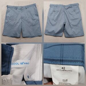 PGA Tour Cool 18 Pro Golf Shorts Men's 42 Blue Plaid Performance